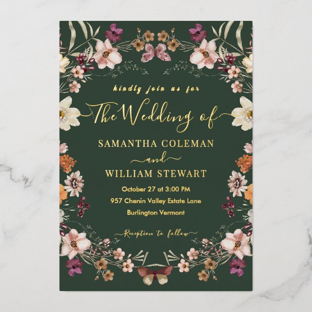 Royal Green Pastel Boho Wildflower Modern Wedding (Front)