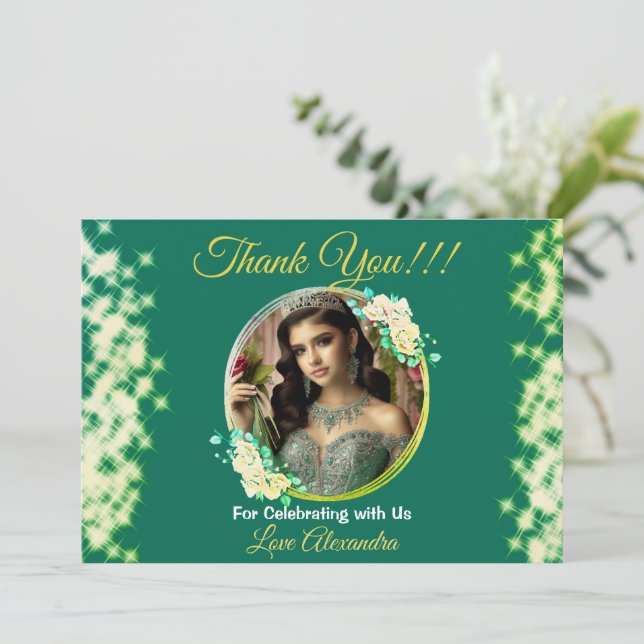 Royal Green Photo Boho Quinceañera Spanish Favour Thank You Card (Standing Front)