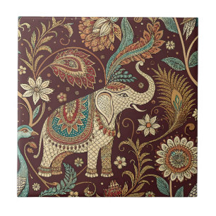 Royal Indian Elephant Paisley Floral Design Art Tile