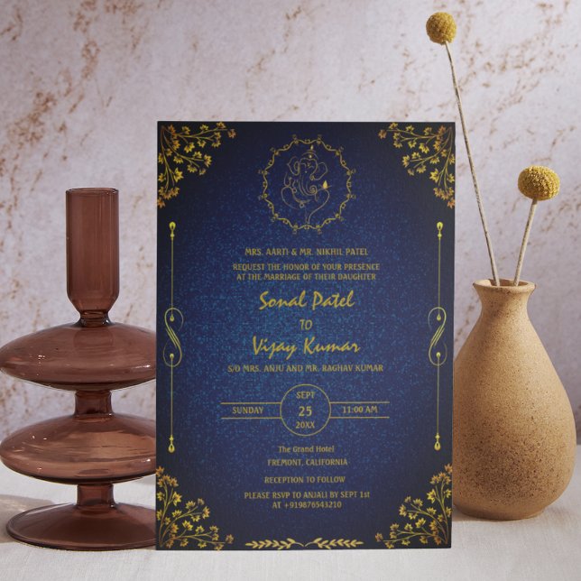 Royal Indian Hindu Wedding Ganesha Logo Golden Invitation (Creator Uploaded)