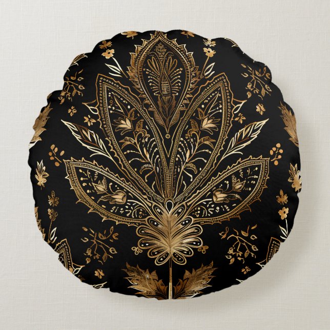 Royal Indian Luxury Black & Gold Round Cushion (Front)