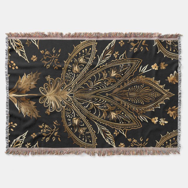 Royal Indian Luxury Black & Gold Throw Blanket (Front)