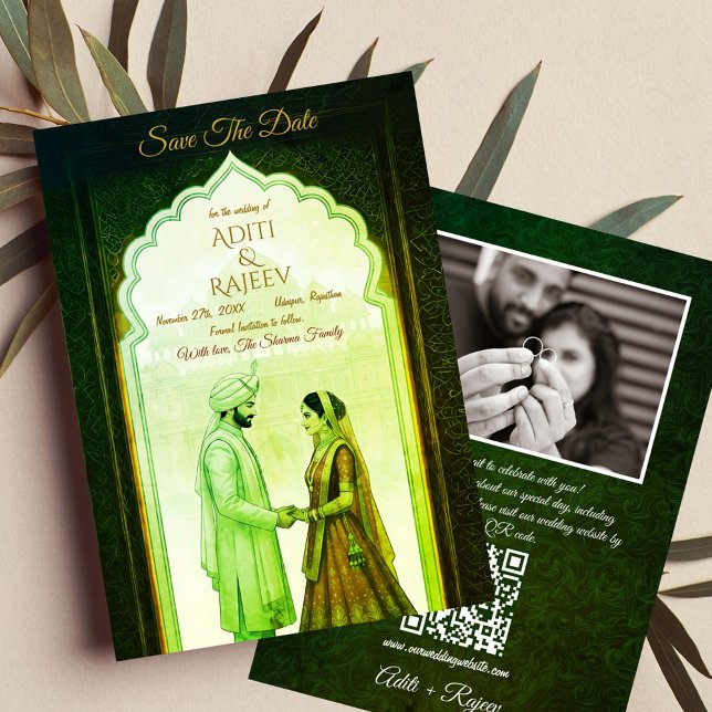 Royal Indian Palace Wedding Save The Date QR Code Invitation (Royal Indian Wedding Save The Date with Couple Image and QR Code in the backside.)
