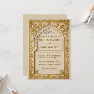 Royal Islamic Arch Cream Gold floral lace weeding  Invitation
