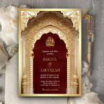 Royal Islamic Arch Maroon Gold Muslim Wedding Invitation<br><div class="desc">Amaze your guests with this elegant Islamic wedding invite featuring a beautiful arch with intricate details and modern typography with QR Code for RSVP or add your venue location URL to help your guests locate your wedding venue faster. Simply add your event details on this easy-to-use template to make it...</div>