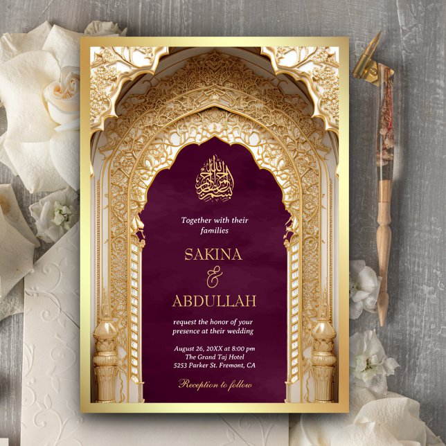 Royal Islamic Arch Plum Gold Muslim Wedding Invitation (Creator Uploaded)
