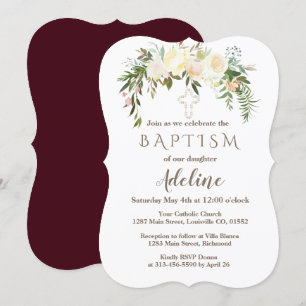 Royal Ivory Floral Burgundy Baptism Invite