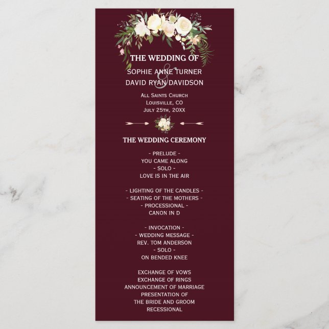 Royal Ivory Floral Burgundy Wedding Program Programme (Front)