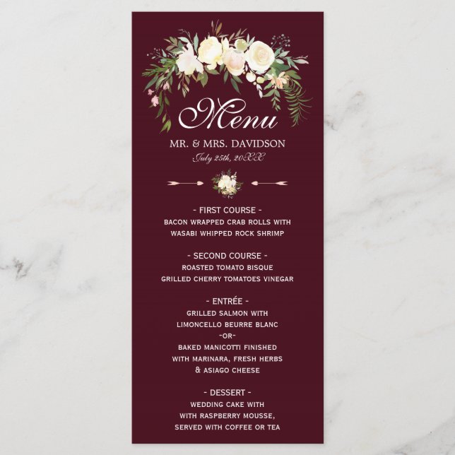 Royal Ivory Floral Crest Burgundy Wedding Menu (Front)