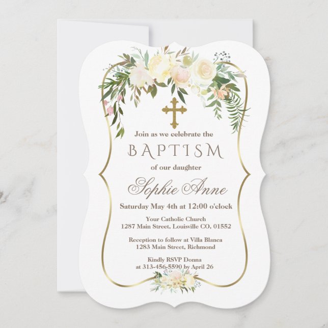 Royal Ivory Floral Gold Burgundy Baptism Invitation (Front)
