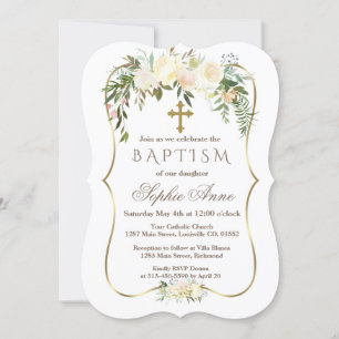 Royal Ivory Floral Gold Burgundy Baptism Invitation