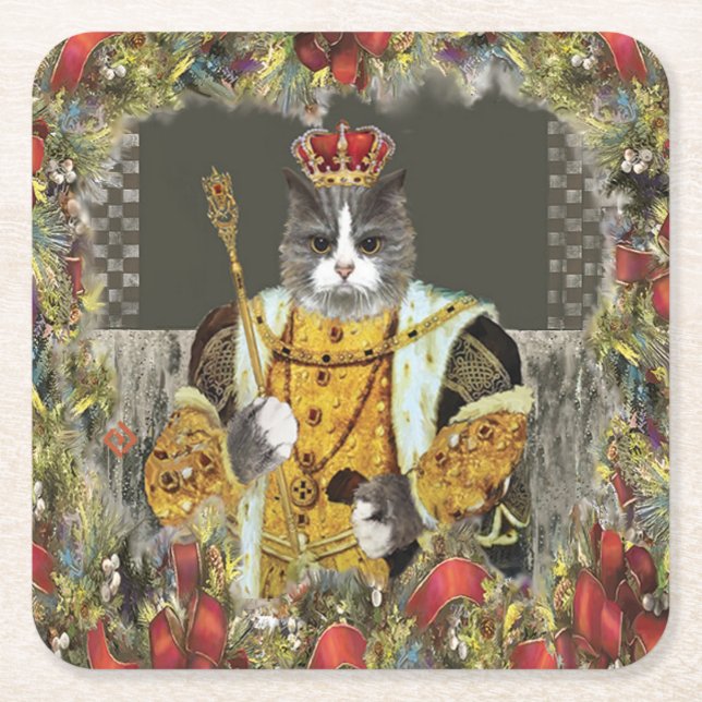 Royal King Cat Christmas Paper Coaster (Front)