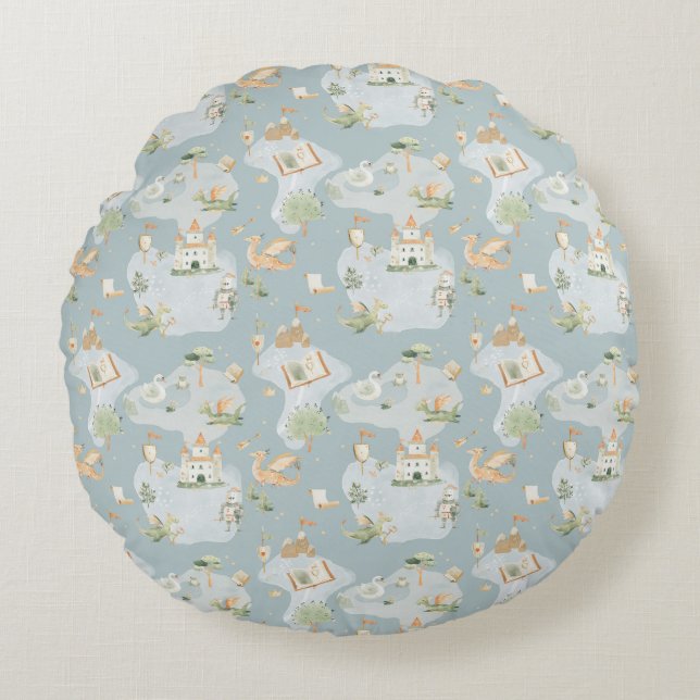 Royal Kingdom castle Dragon Blue map Round Cushion (Front)