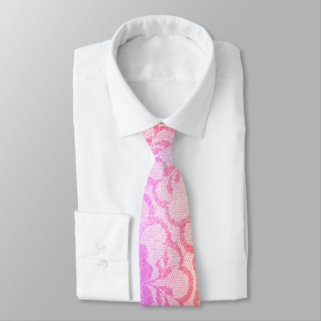 Royal Lace White Pink Ombre Floral Wedding Bridal  Tie (Tied)