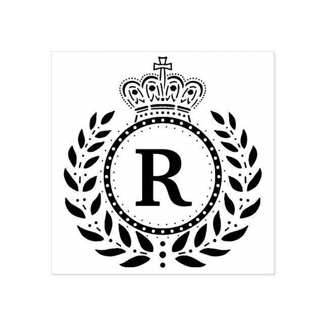 Royal Laurel Wreath Crown Monogram | Black White Rubber Stamp (Imprint)