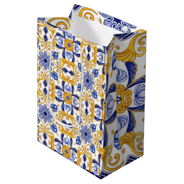 Royal Lisbon Scrollwork  Elegant Portuguese Blue  Medium Gift Bag (Front Angled)