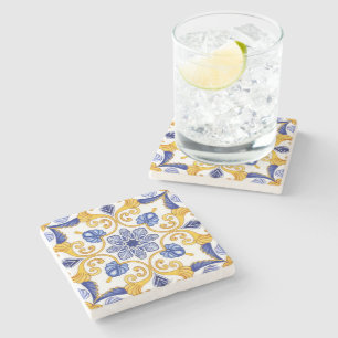 Royal Lisbon Scrollwork Elegant Portuguese Blue Stone Coaster