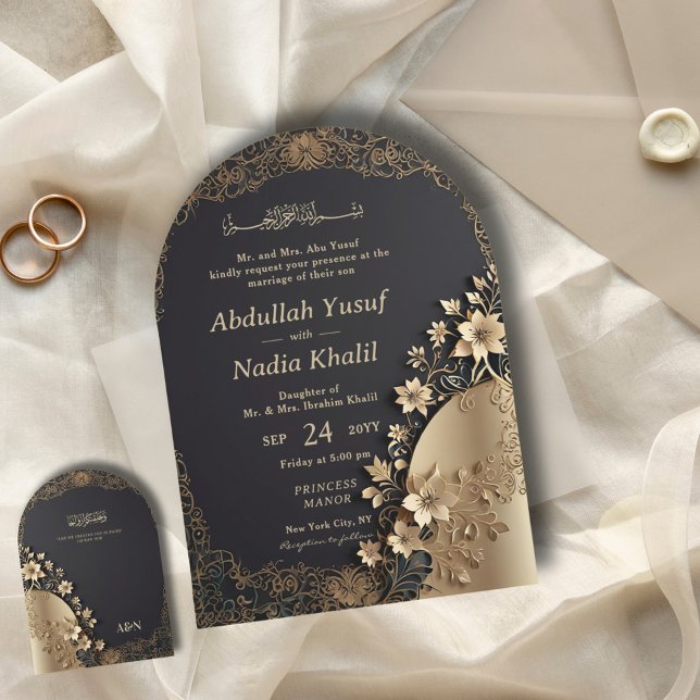 Royal Luxurious Golden Floral Islamic Arch Wedding Invitation (Creator Uploaded)