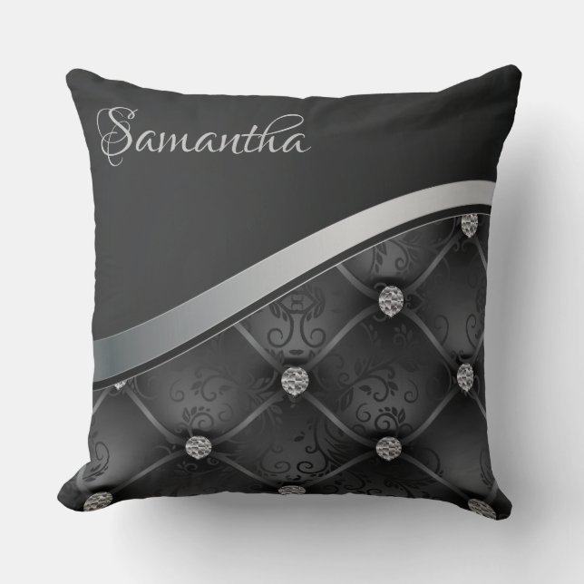 Royal Luxury Elegant Black Silver Floral Cushion (Front)