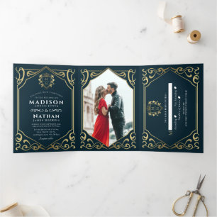 Royal Mediaeval Fantasy Monogram Wedding Invitatio Tri-Fold Invitation
