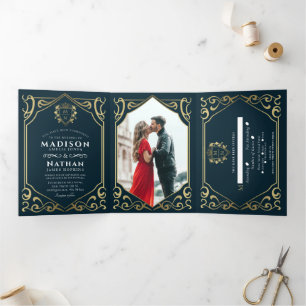 Royal Mediaeval Fantasy Monogram Wedding Invitatio Tri-Fold Invitation