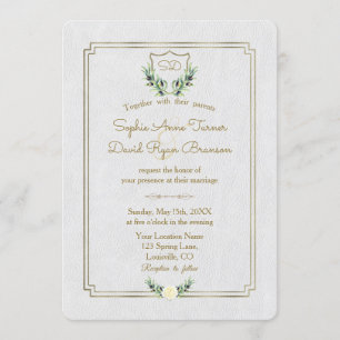 Royal Monogram Gold Crest Greenery Wedding Invitation