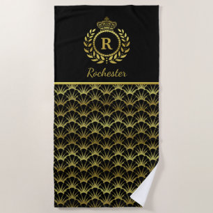 Royal Monogram Gold Laurel Wreath Crown Deco Shell Beach Towel
