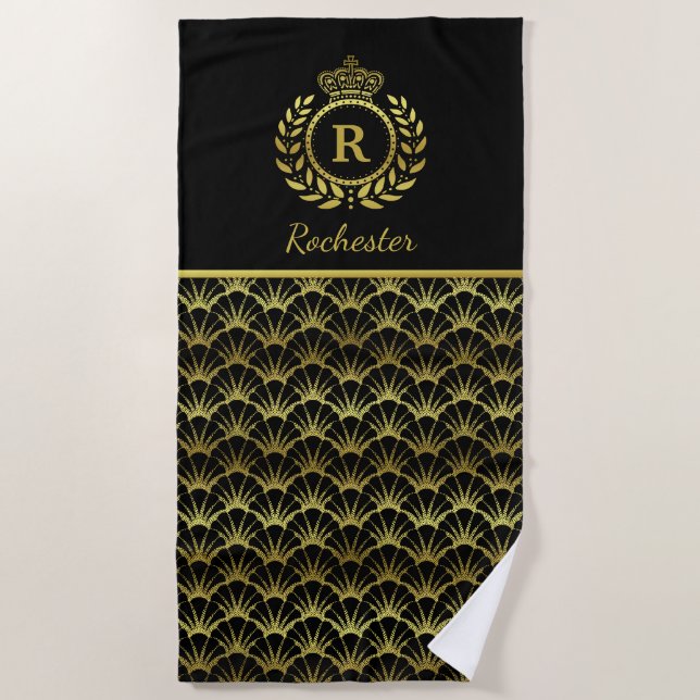 Royal Monogram Gold Laurel Wreath Crown Deco Shell Beach Towel (Front)