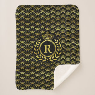 Royal Monogram Gold Laurel Wreath Crown Deco Shell Sherpa Blanket