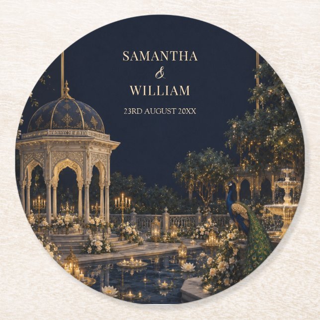 Royal Mughal Wedding Peacock Round Paper Coaster (Front)