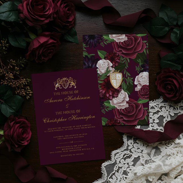 Royal Muse Mediaeval Fantasy Plum Floral Wedding Invitation (Royal Muse Medieval Fantasy Plum Floral Wedding Invitation)