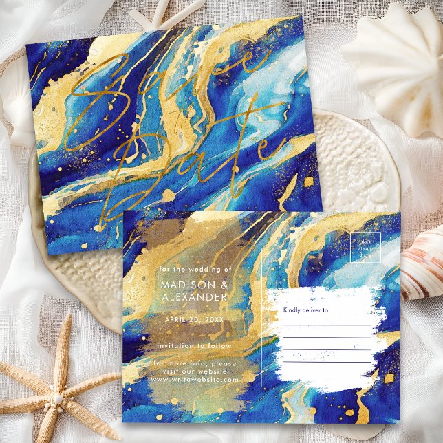 Royal Navy Blue and Gold Wedding Save the Date Announcement Postcard (Creator Uploaded)
