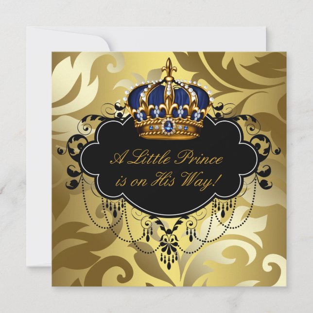 Royal Navy Blue Black Gold Prince Baby Boy Shower Invitation (Front)