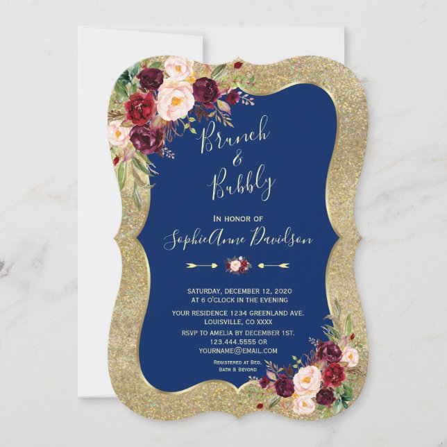 Royal Navy Blue Blush Floral Gold Brunch & Bubbly Invitation (Front)