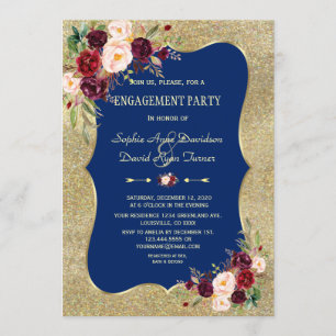 Royal Navy Blue Blush Floral Gold Engagement Invitation