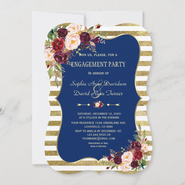 Royal Navy Blue Blush Floral Gold Engagement Invitation (Front)