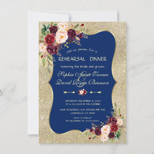 Royal Navy Blue Blush Floral Gold Rehearsal Dinner Invitation (Front)