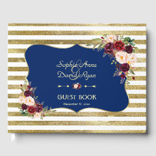 Royal Navy Blue Blush Floral Gold Wedding Guest Book