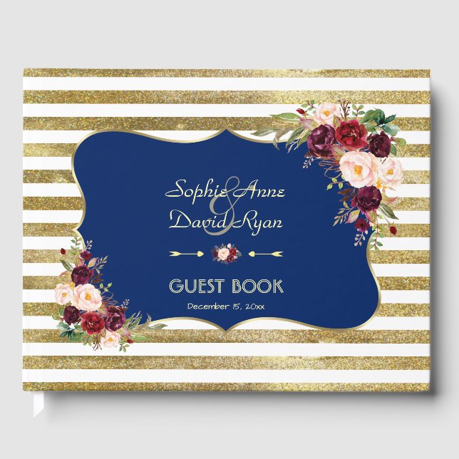 Royal Navy Blue Blush Floral Gold Wedding Guest Book (Front)