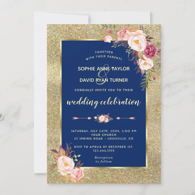 Royal Navy Blue Blush Floral Gold Wedding Invitation (Front)