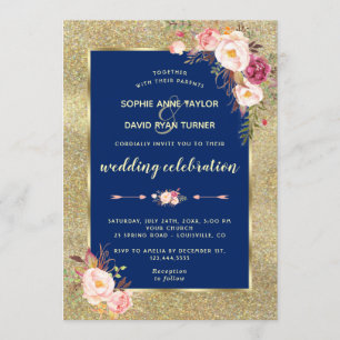 Royal Navy Blue Blush Floral Gold Wedding Invitation