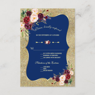 Royal Navy Blue Blush Floral Gold Wedding RSVP