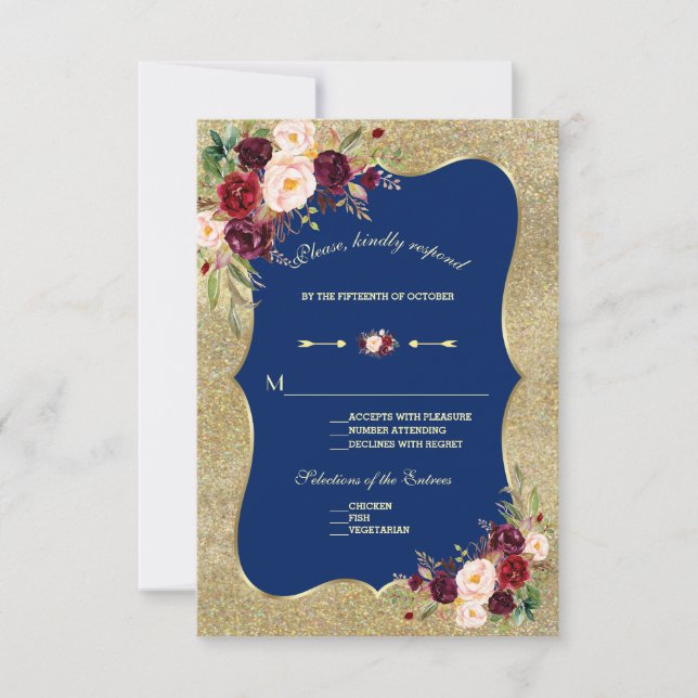 Royal Navy Blue Blush Floral Gold Wedding RSVP (Front)