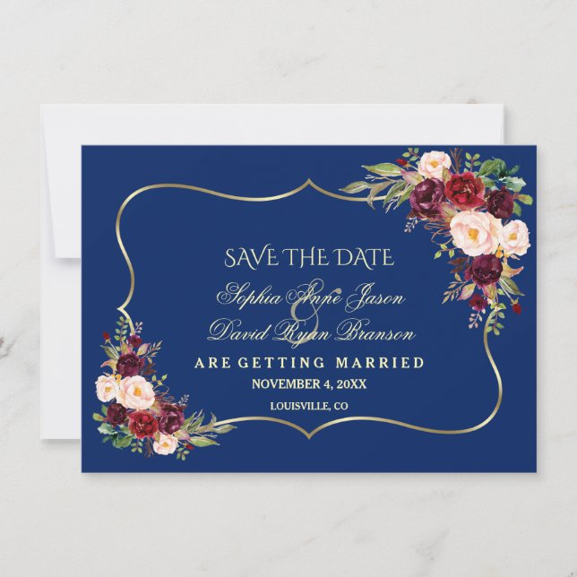 Royal Navy Blue Burgundy Floral Gold Save The Date (Front)