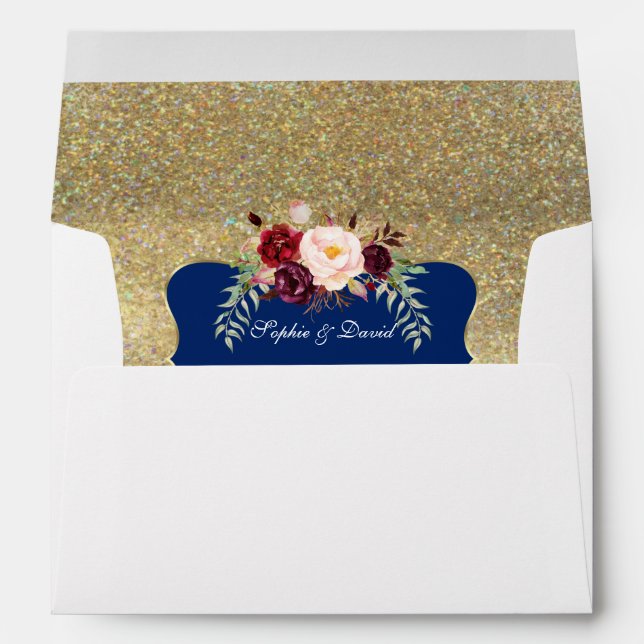 Royal Navy Blue Burgundy Floral Gold Wedding Envelope (Back (Bottom))
