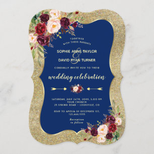 Royal Navy Blue Burgundy Floral Gold Wedding Invitation