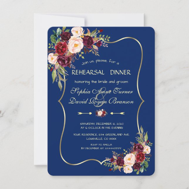 Royal Navy Blue Burgundy Floral Rehearsal Dinner Invitation (Front)