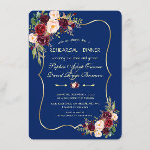 Royal Navy Blue Burgundy Floral Rehearsal Dinner Invitation