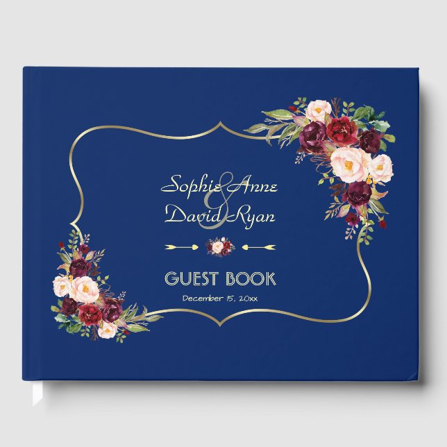 Royal Navy Blue Burgundy Floral Wedding Guest Book (Front)