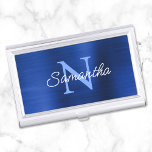 Royal Navy Blue Faux Metallic Foil Monogram Business Card Holder<br><div class="desc">Create your own light blue and white monogrammed modern minimalist business card case.
Modern monoline style script for her name over a more classic style monogram font.
The background features a faux royal blue and navy ombre brushed metal style foil that prints like a photo.</div>